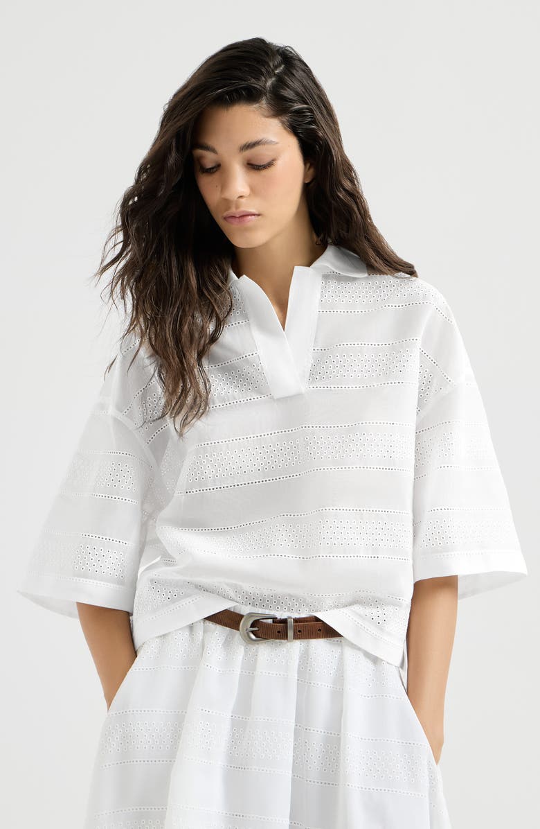 Brunello Cucinelli Broderie anglaise cropped polo, Alternate, color, White