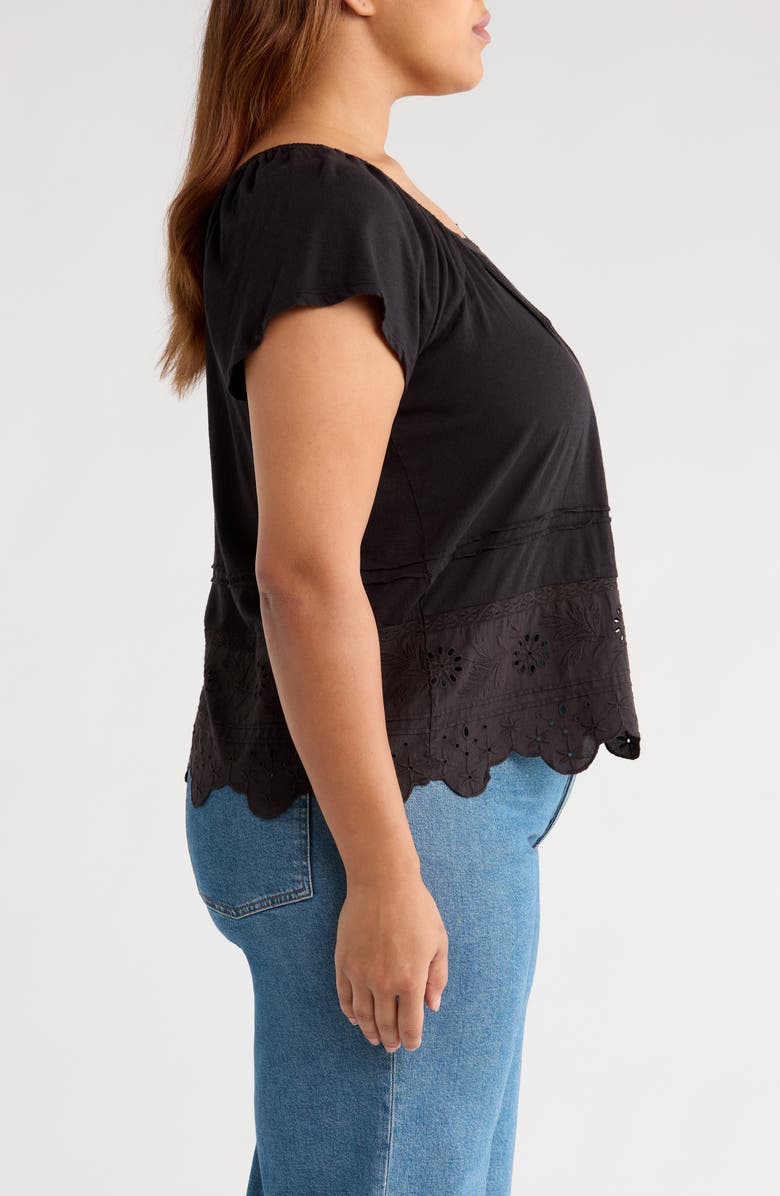 Lucky Brand Pintuck Eyelet Embroidered Cap Sleeve Cotton & Modal Top, Alternate, color, Meteorite