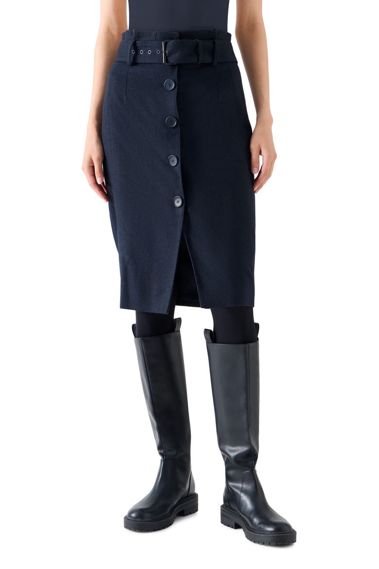 Belted High Waist Virgin Wool Blend Flannel Pencil Skirt, Main, color, NAVY