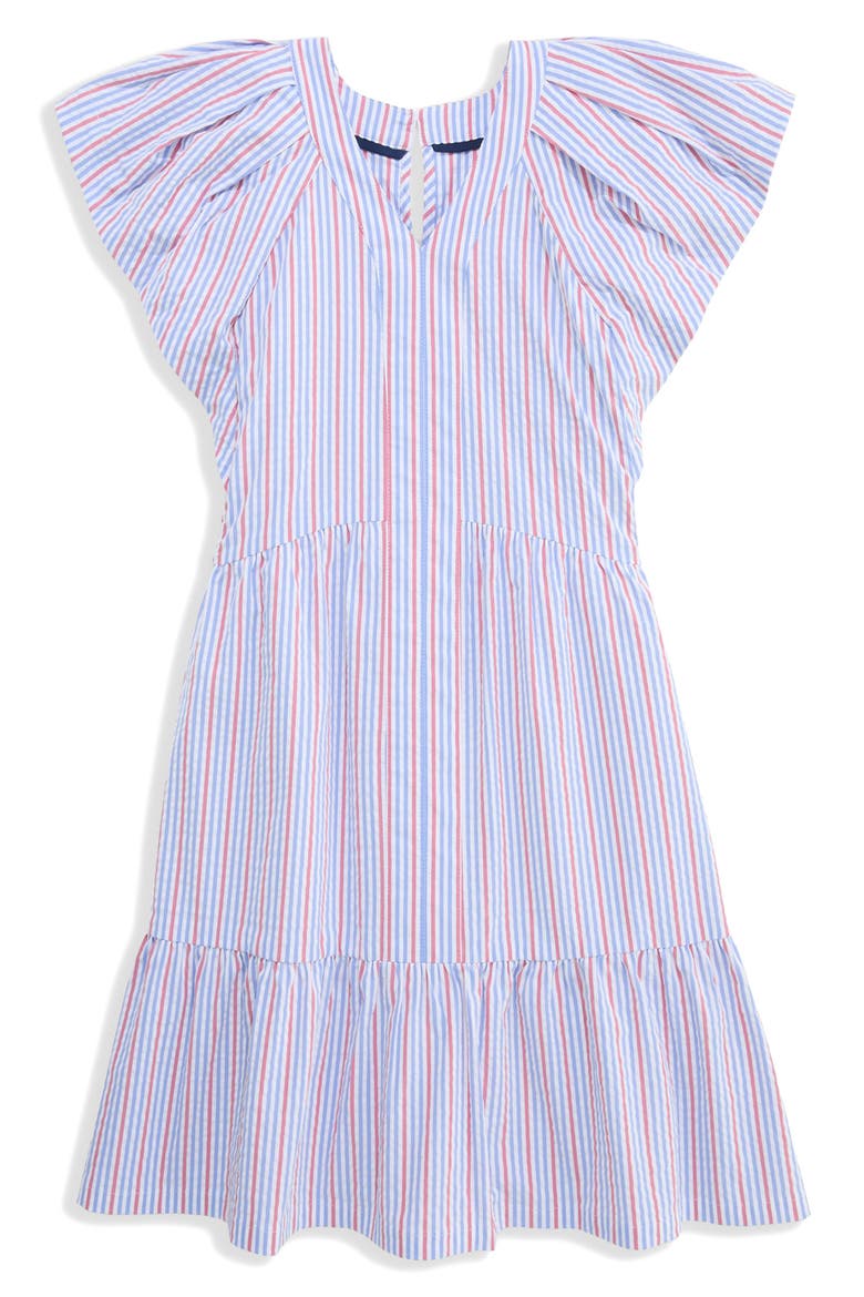 Kids' Sophie Harbor Flutter Sleeve Seersucker UPF 30+ Sundress, Alternate, color, BLUE RED STRIPE