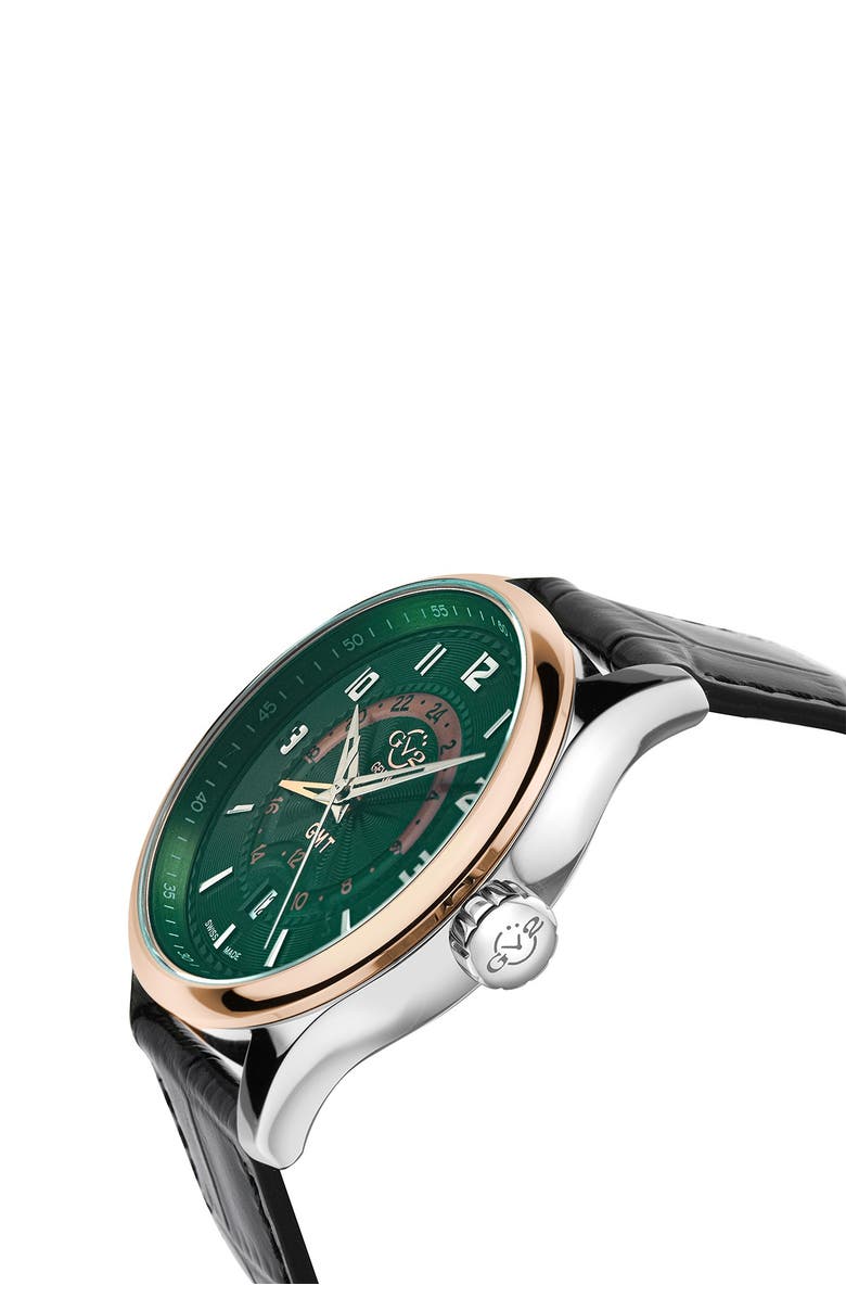 GV2 Men's Giromondo Green Dial Black Calfskin Leather Watch, 42mm, Alternate, color, Black
