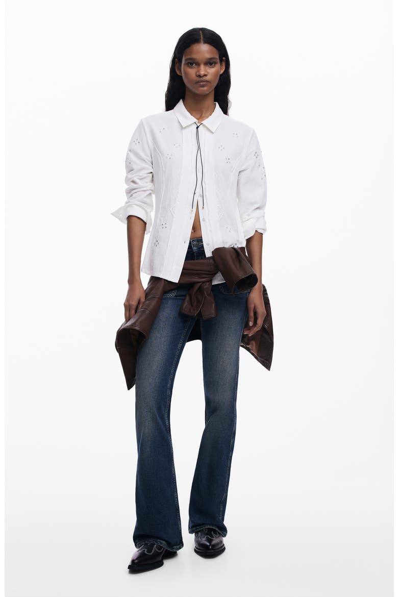 Eyelet Cotton Blend Button-Up Shirt, Alternate, color, WHITE