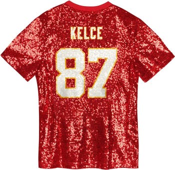 Girls Youth Travis Kelce Red Kansas City Chiefs Sequin V-Neck Fashion Jersey
