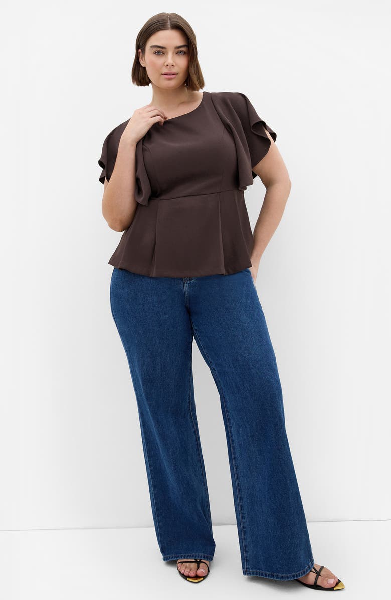 City Chic Flutter Sleeve Peplum Top, Alternate, color, Chocolate