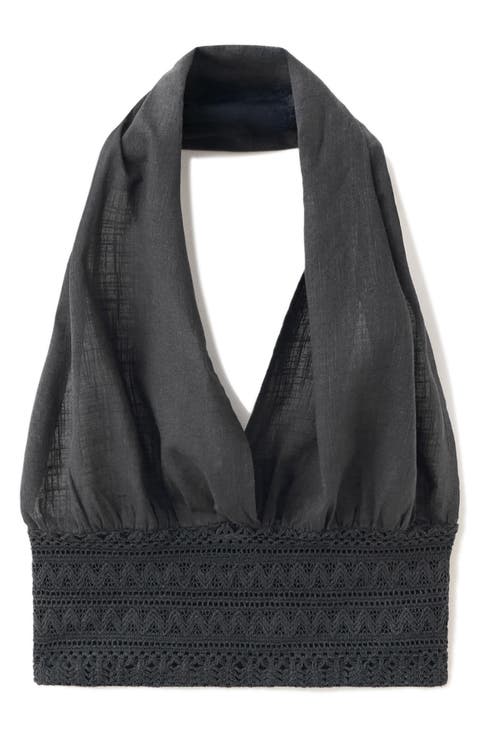 Crochet Trim Cotton Halter Crop Top