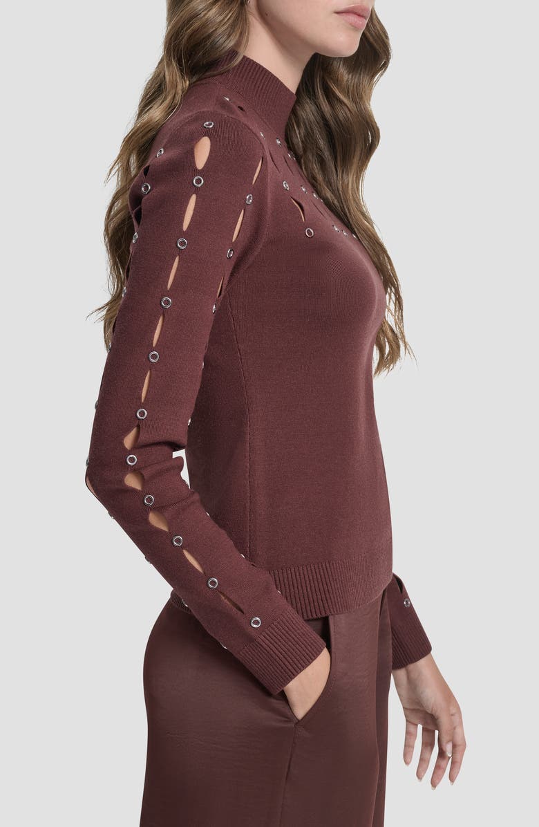 DKNY Grommet Cutout Detail Mock Neck Sweater, Alternate, color, Bitter Chocolate