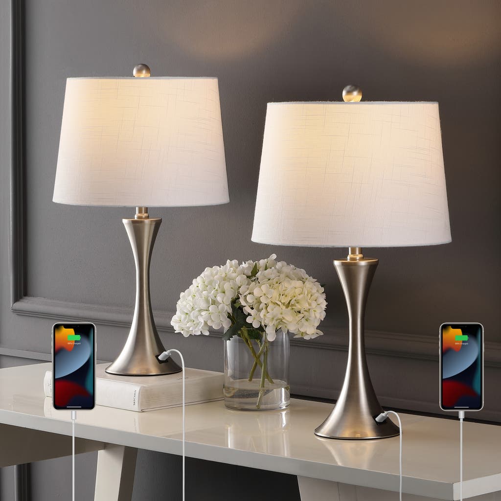 Jonathan Y Bennett Modern Glam Iron Hourglass Led Table Lamp With Usb Charging Port In Nickel