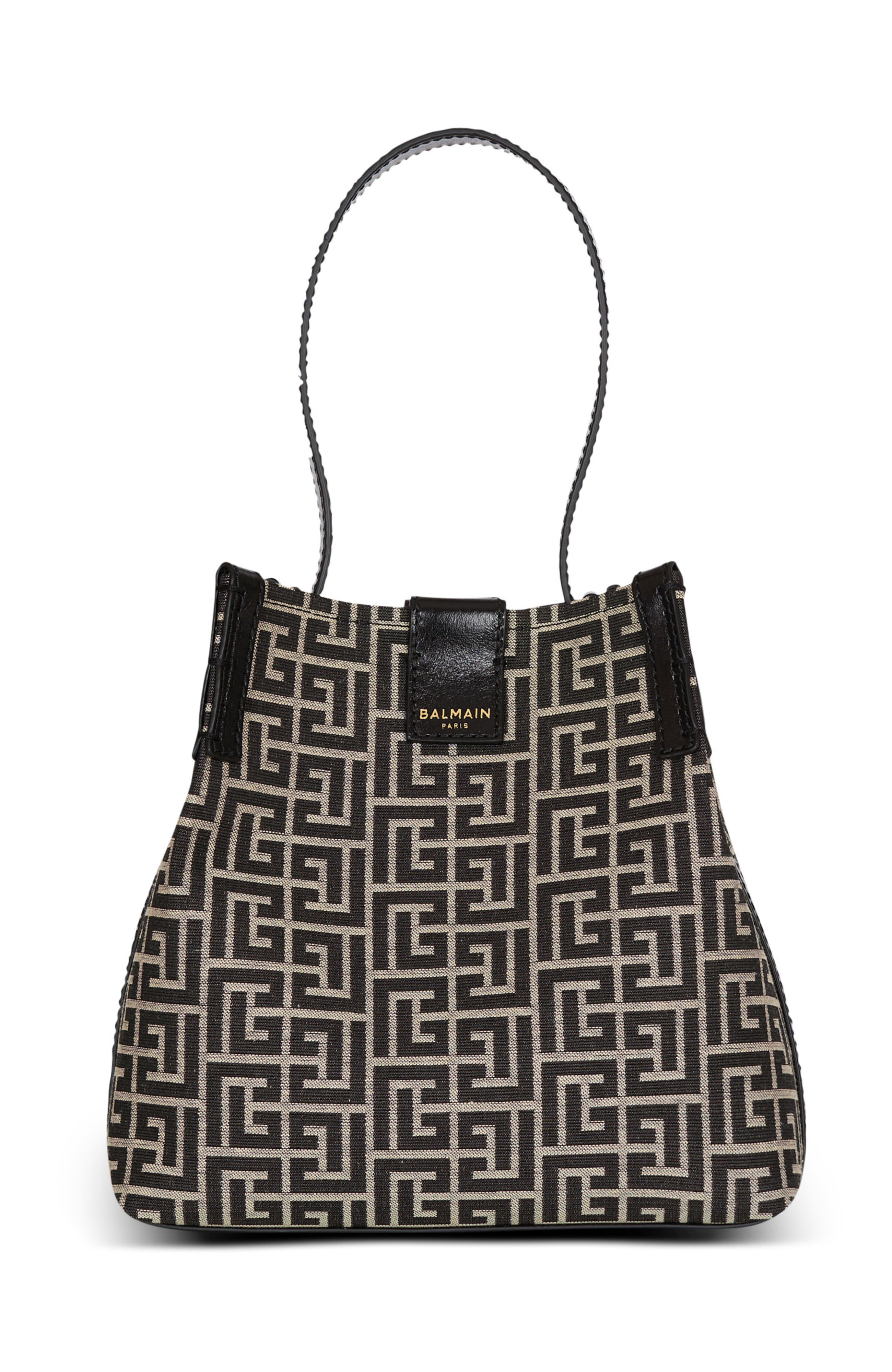 Balmain Release Bucket bag in jacquard and calfskin, Main, color, Black