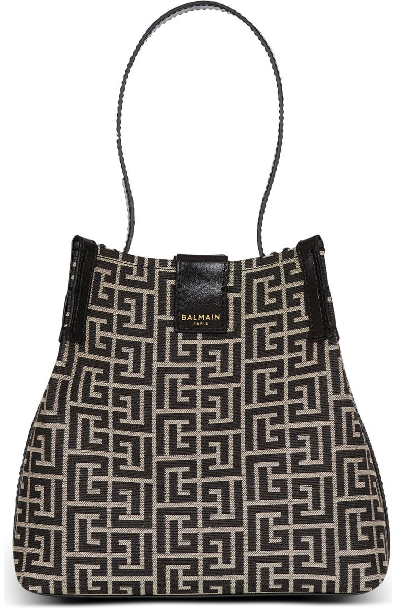 Balmain Release Bucket bag in jacquard and calfskin, Main, color, Black