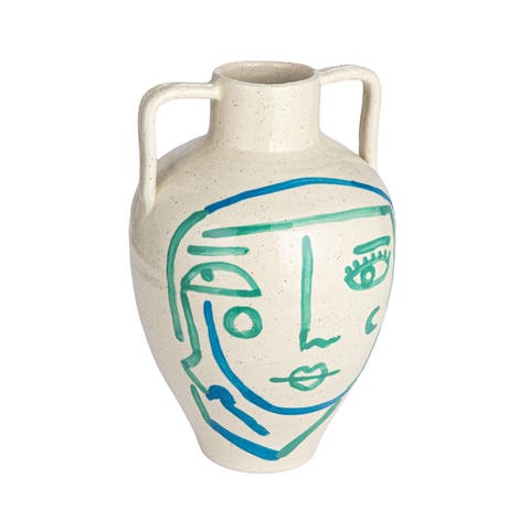 Hand-Painted Terra-cotta Vase with Abstract Face and Crackle Glaze