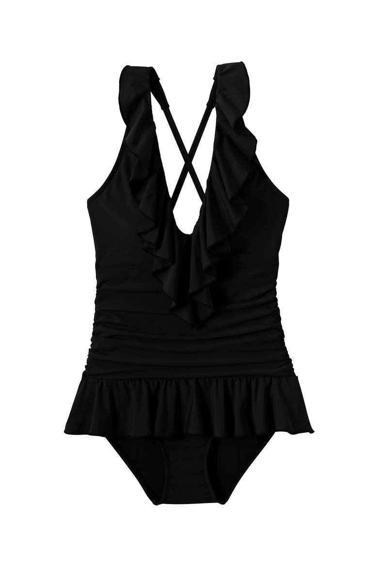 Ruffle Plunge Skirted High Leg One Piece, Alternate, color, Black