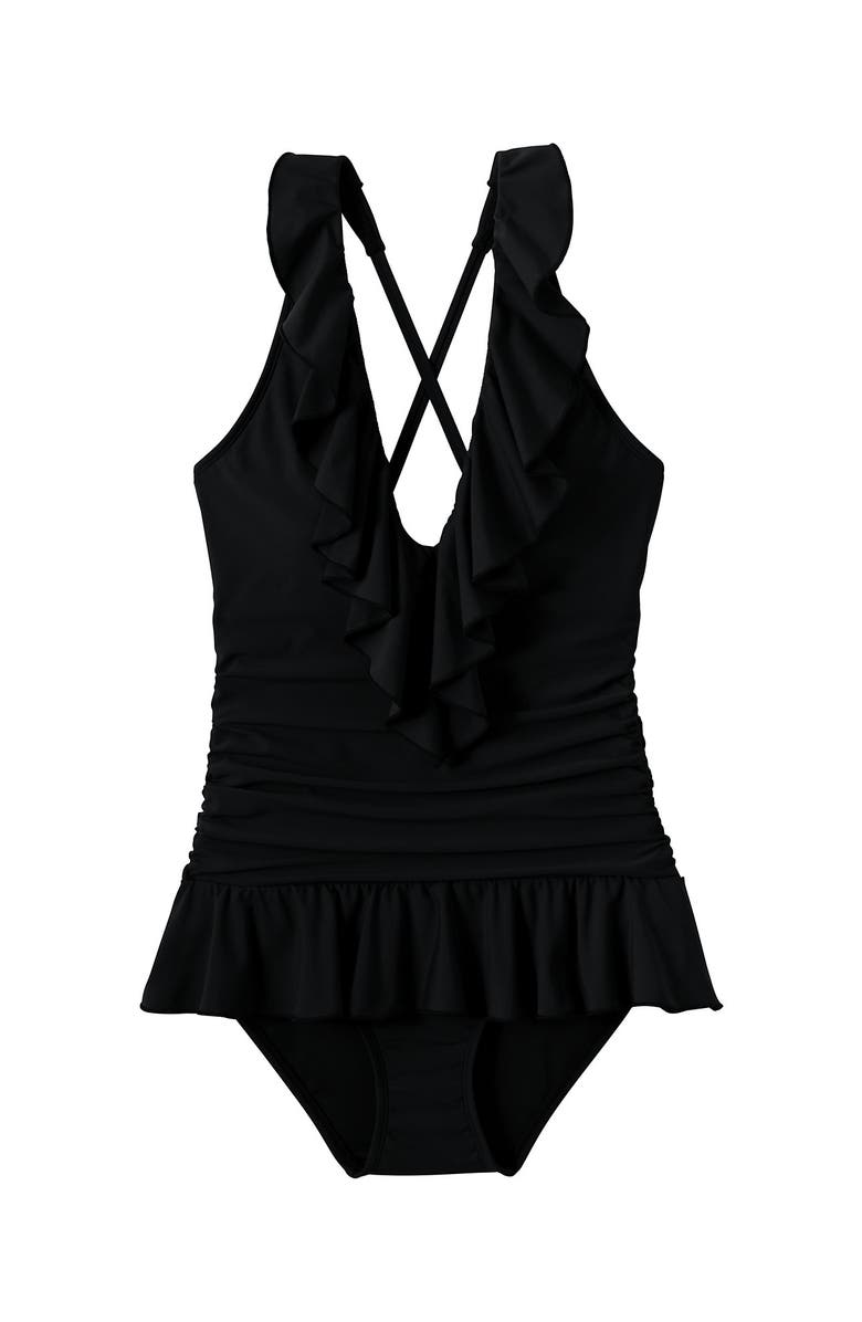 Lands' End Ruffle Plunge Skirted High Leg One Piece, Alternate, color, Black