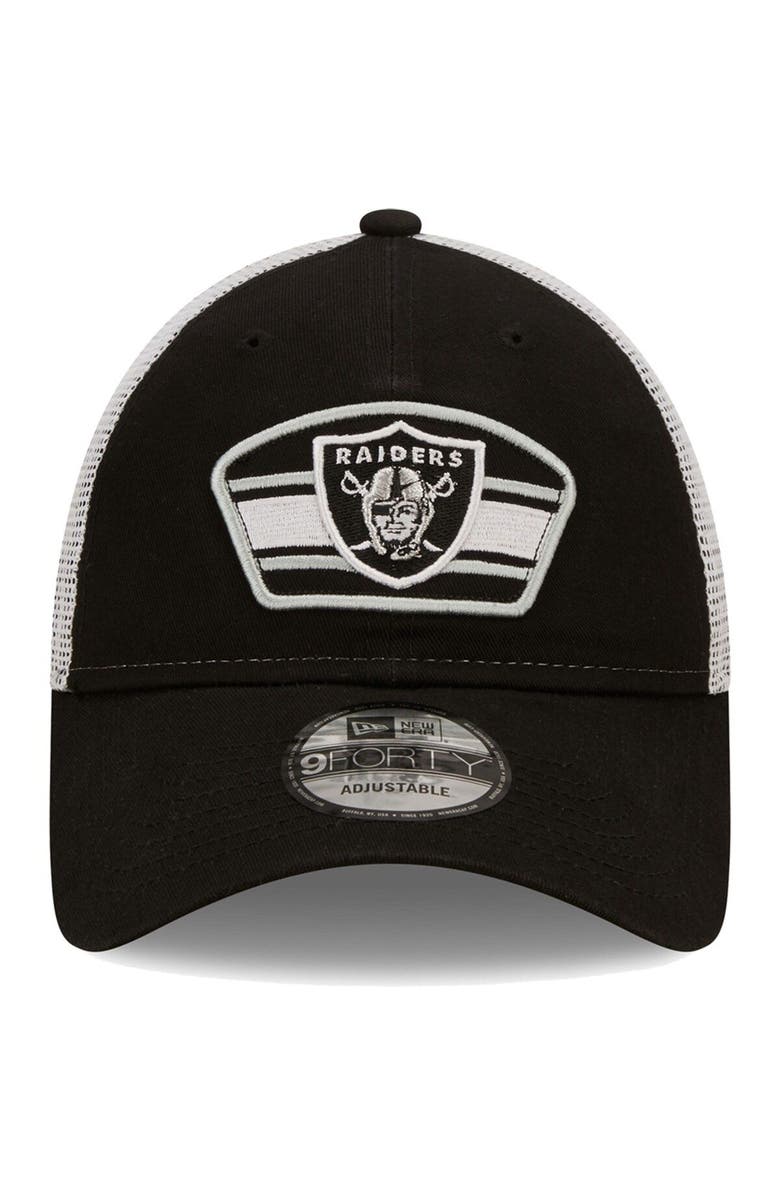 New Era Men's New Era Black/White Las Vegas Raiders Logo Patch Trucker 9FORTY Snapback Hat, Alternate, color, Black