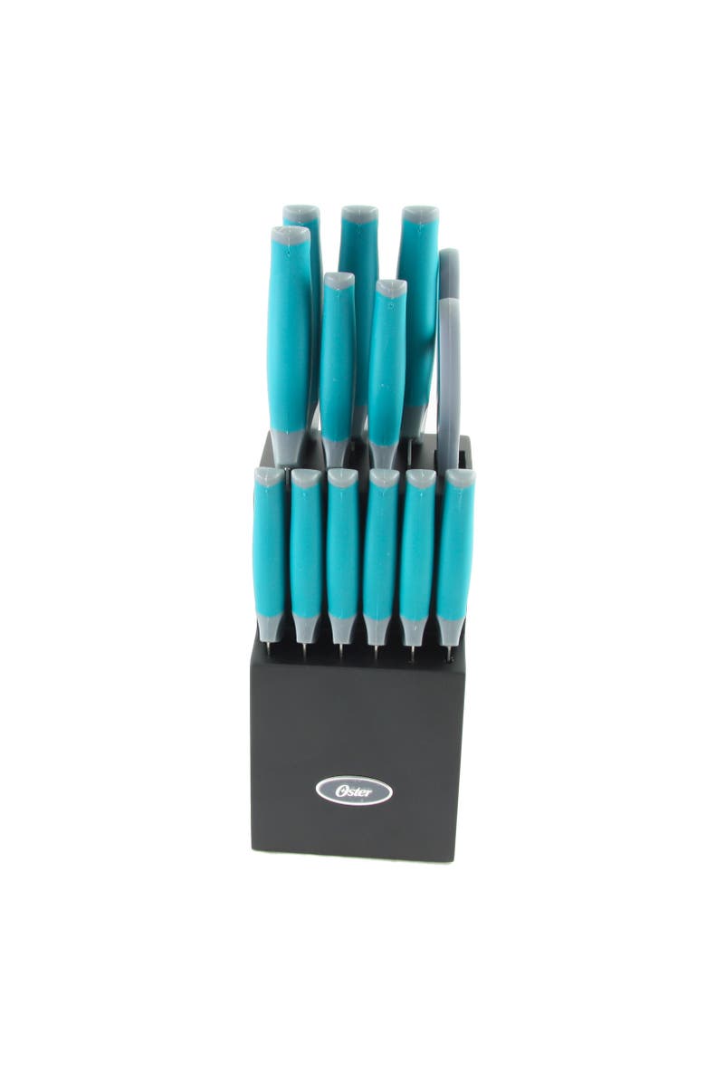 OSTER Lindbergh 14 Piece Stainless Steel Cutlery Set with Wooden Block, Alternate, color, Teal