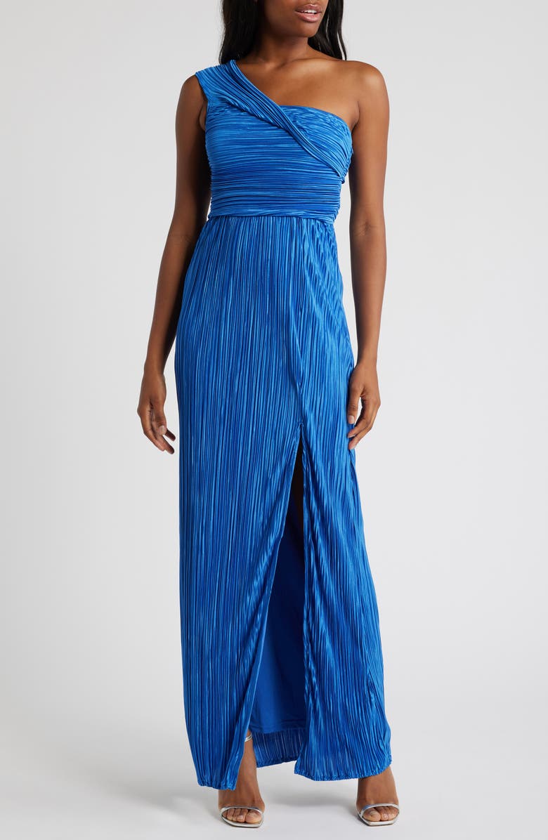 Lulus Poised Performance One-Shoulder Plissé Gown, Main, color, Bright Blue