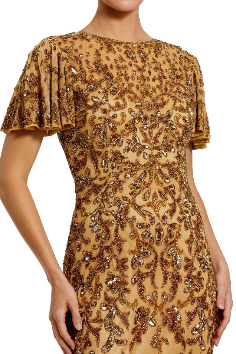 Women's Embellished High Neck Flutter Sleeve Gown, Alternate, color, Nude Gold