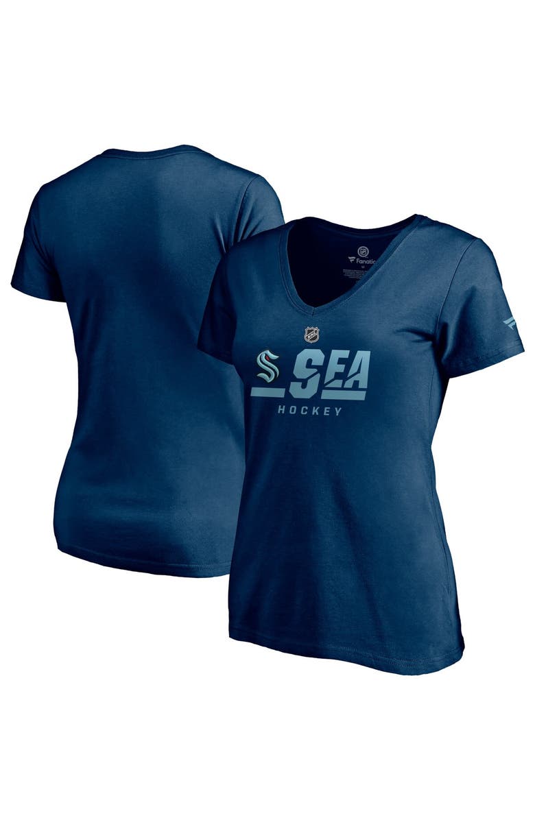 FANATICS Women's Fanatics Branded Navy Seattle Kraken Authentic Pro Secondary Logo V-Neck T-Shirt, Main, color, 