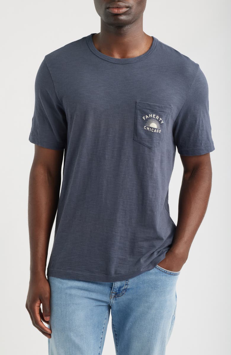 Faherty Sunwashed Chicago Graphic Pocket T-Shirt, Main, color, Dune Navy