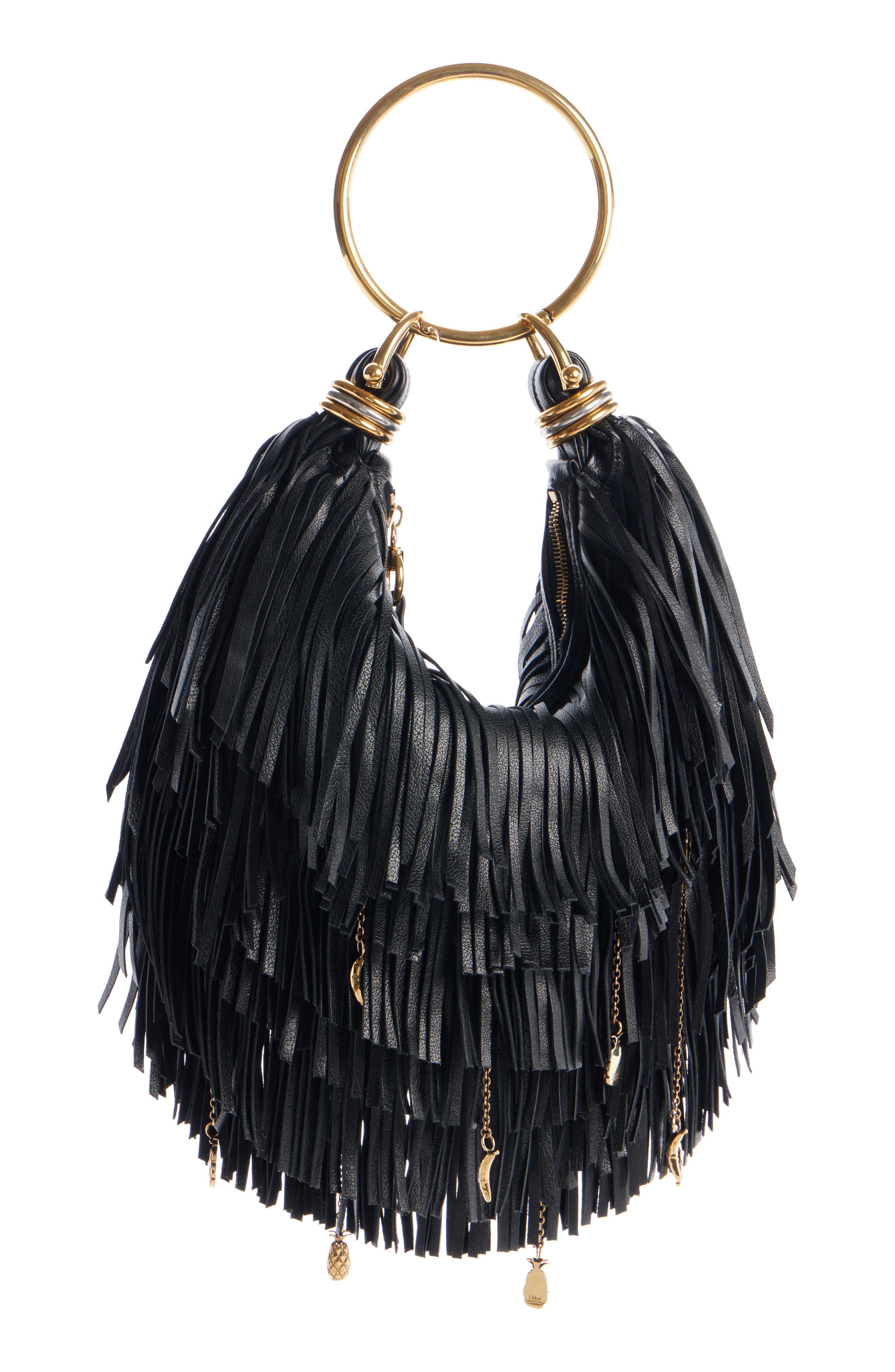 Fringe Charm Detail Bracelet Bag, Alternate, color, 001 BLACK