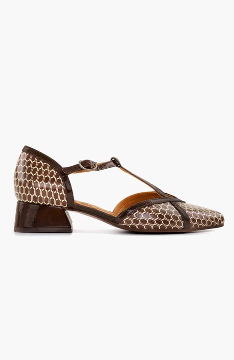 Geometric print patent leather Buckle Pump