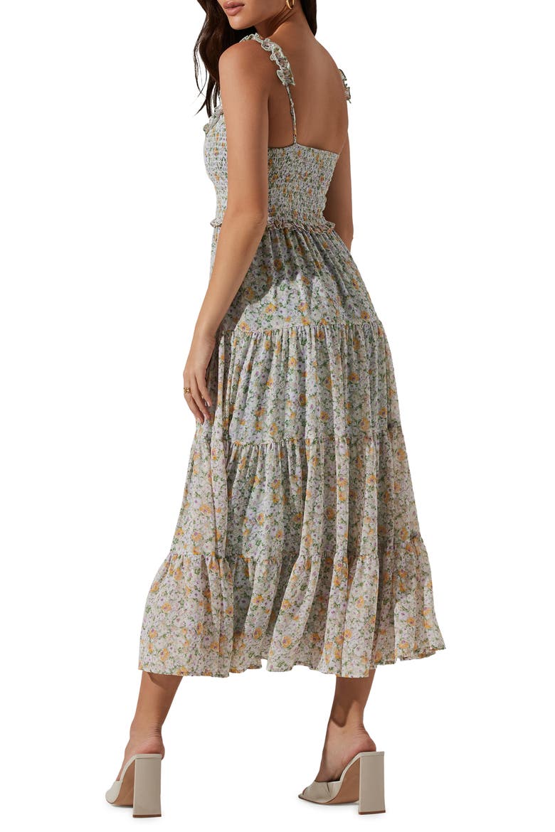 Floral Smocked Tiered Midi Dress, Alternate, color, LILAC GREEN FLORAL