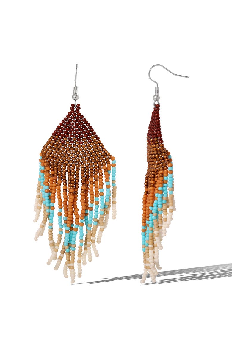 Beaded Fringe Earrings in Turquoise and Brown Ombre, Alternate, color, Turquoise/Brown