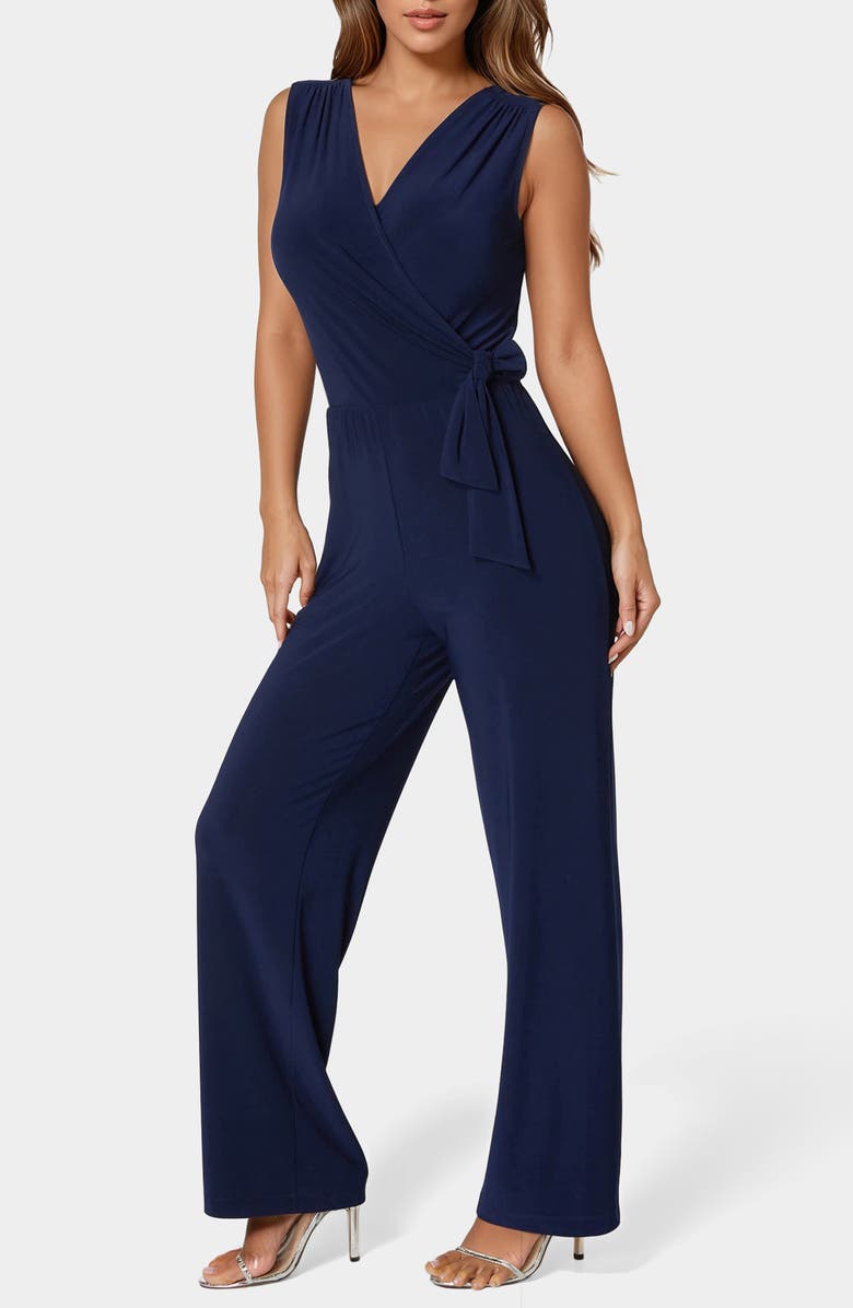 bebe Sleeveless Faux Wrap Jumpsuit, Alternate, color, Navy