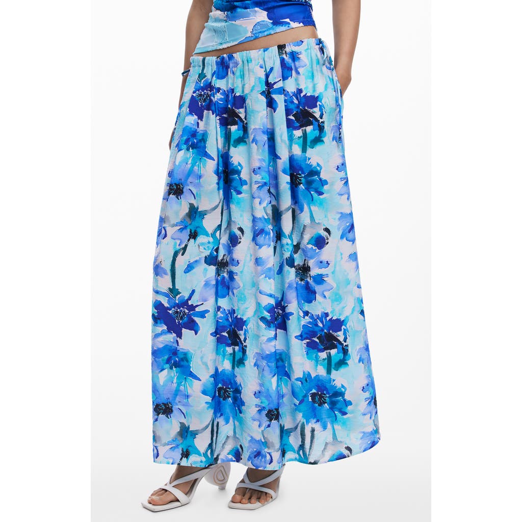 Desigual Floral Drawstring Maxi Skirt In Blue