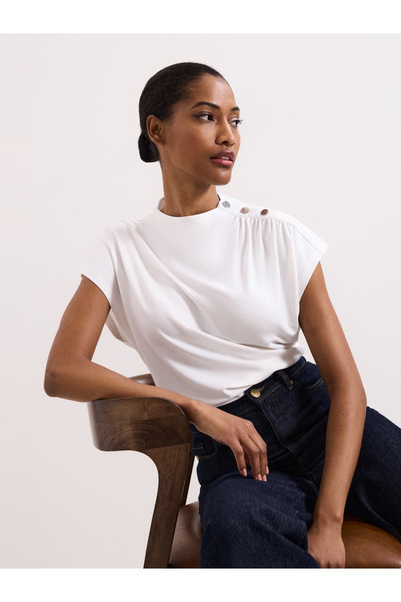 Paige Ruched Shoulder Hardware Ponte Top, Alternate, color, Ivory