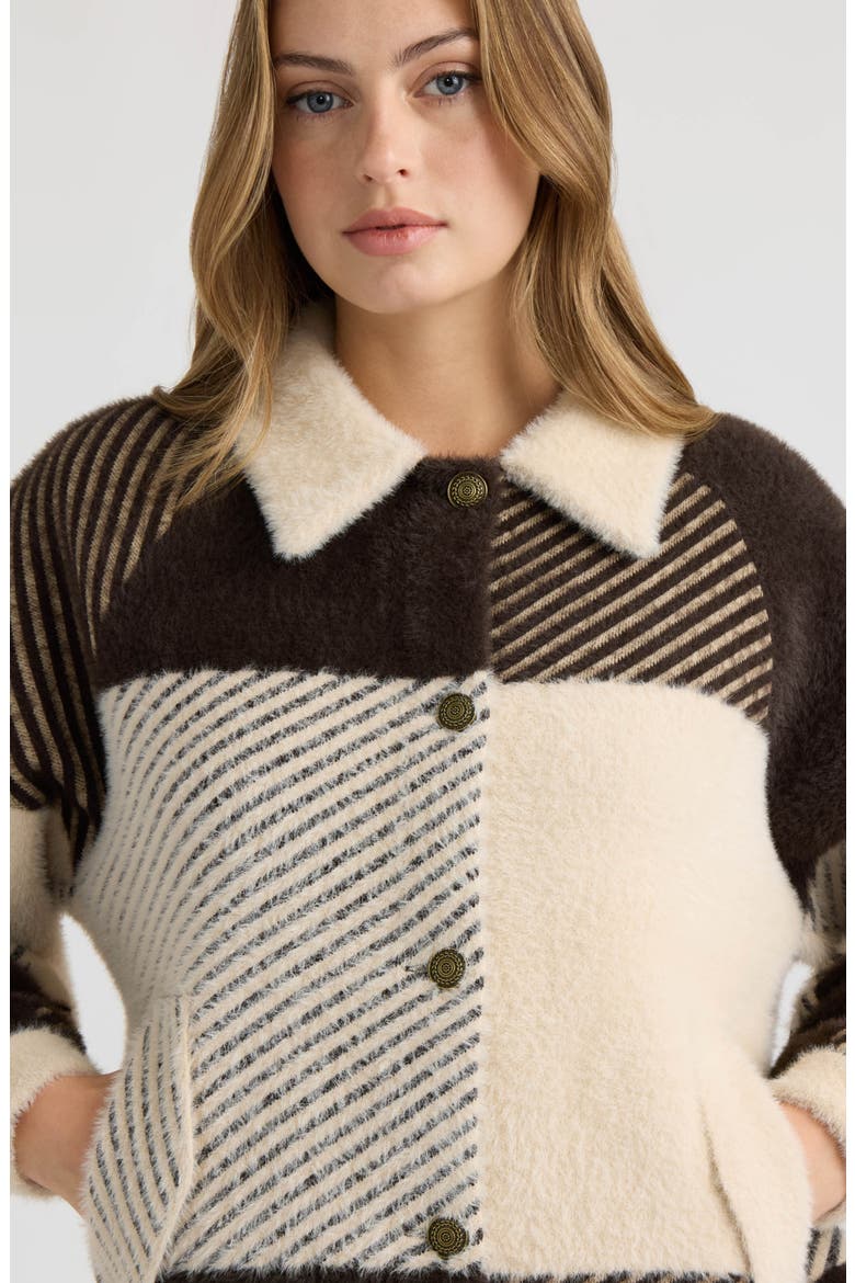 Eyelash Cropped Bomber Coatigan, Alternate, color, ESPRESSO/ CREAM