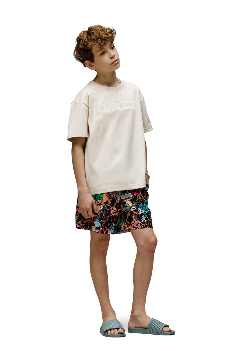 Psycho Bunny Kids' Marco Print Swim Trunks, Alternate, color, Black