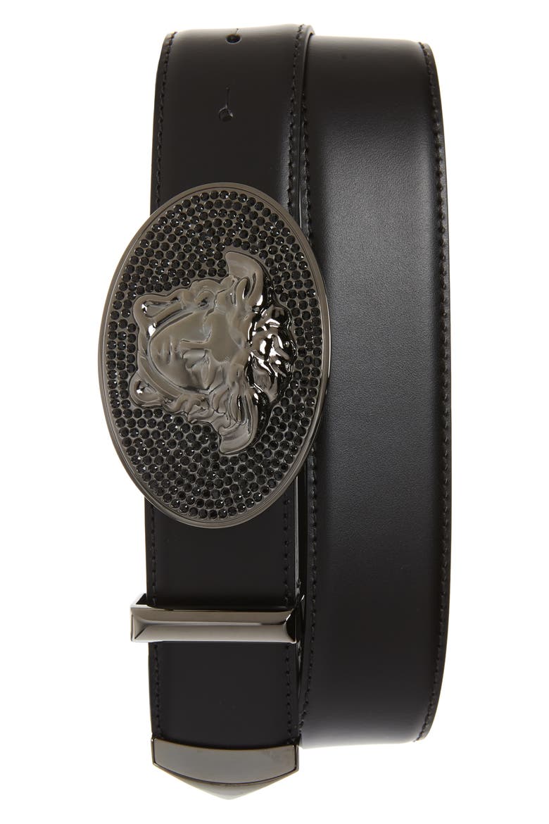 Embellished Medusa Buckle Leather Belt, Main, color, BLACK