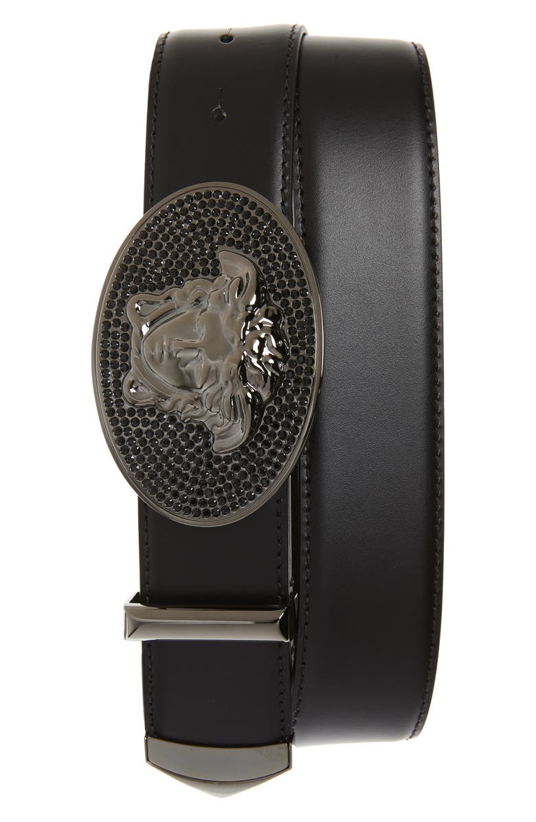 Versace Embellished Medusa Buckle Leather Belt, Main, color,