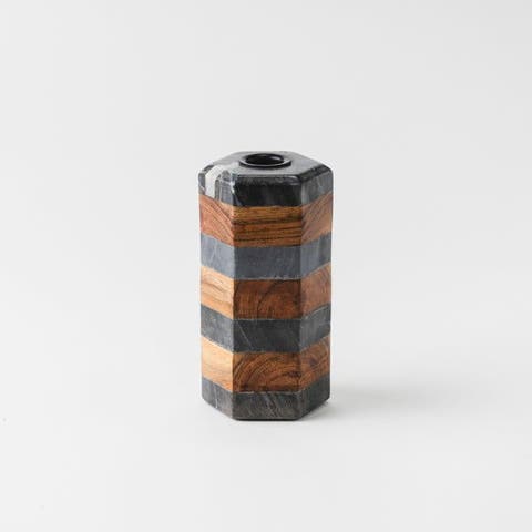 Striped Marble & Acacia Candleholders