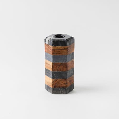 Mela Artisans Striped Marble & Acacia Candleholders In Black