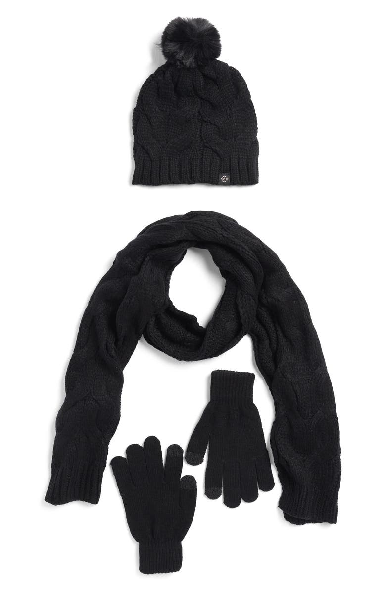 Nanette Lepore Three-Piece Knit Scarf, Hat & Gloves Set, Main, color, 