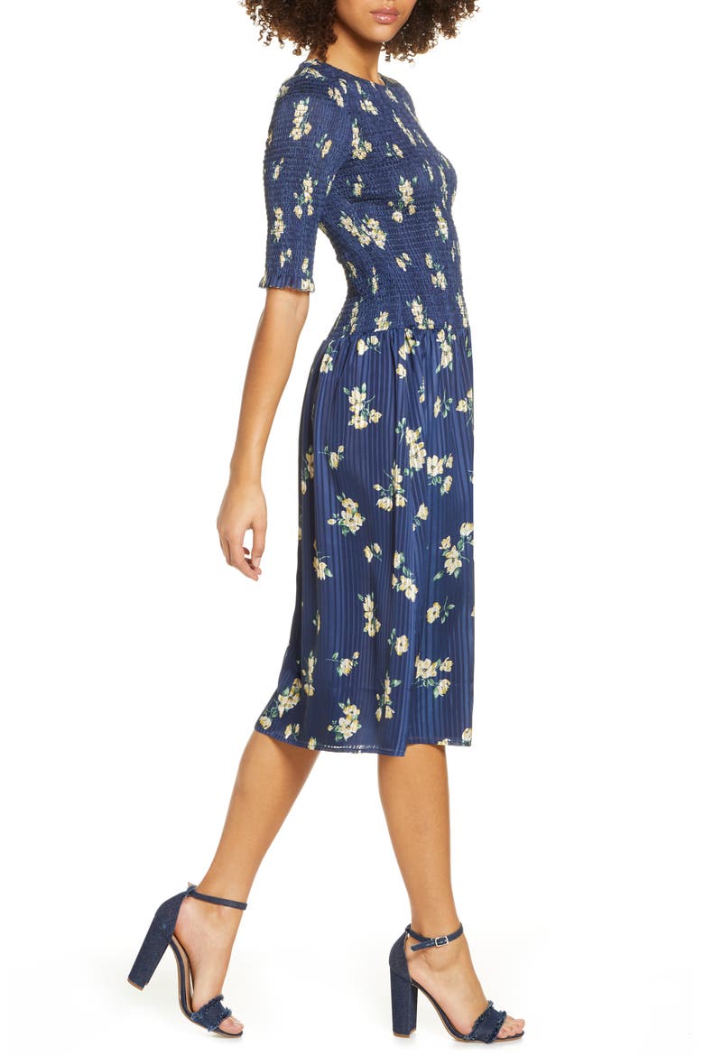 Barnsdall Floral Smocked Midi Dress, Alternate, color, NAVY FLORAL