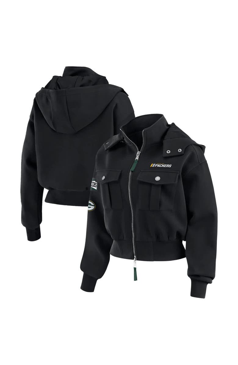 WEAR by Erin Andrews Women's WEAR by Erin Andrews  Black Green Bay Packers Patch Pocket Cropped Full-Zip Bomber Jacket, Main, color, 