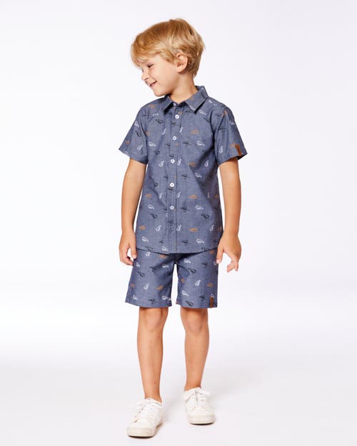 Deux Par Deux Boy's Printed Chambray Short Sleeve Shirt Gray, White And Tan In Gray