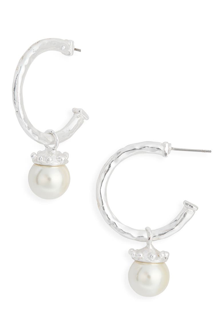 Faux Pearl Drop Hoop Earrings, Main, color, SILVER