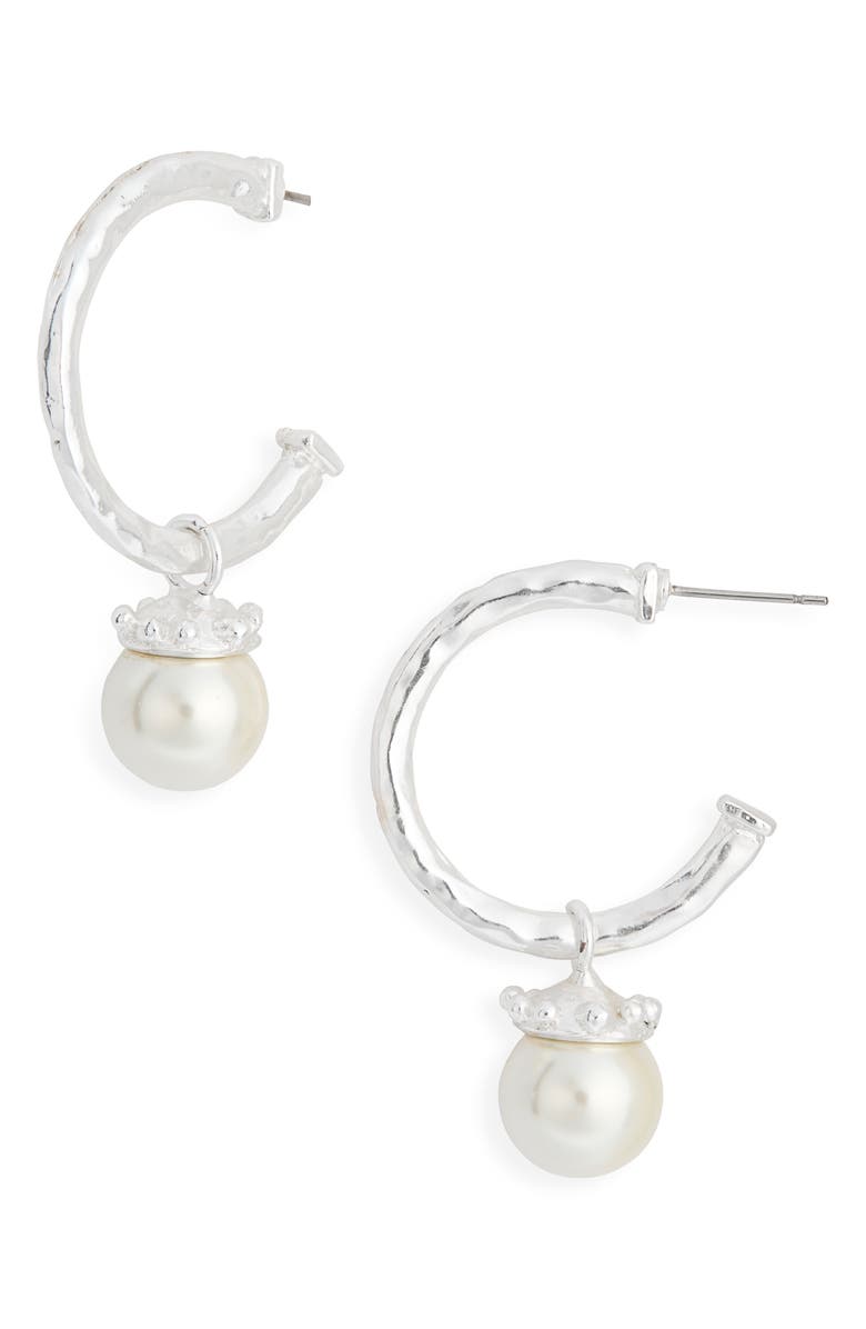 Karine Sultan Faux Pearl Drop Hoop Earrings, Main, color, Silver