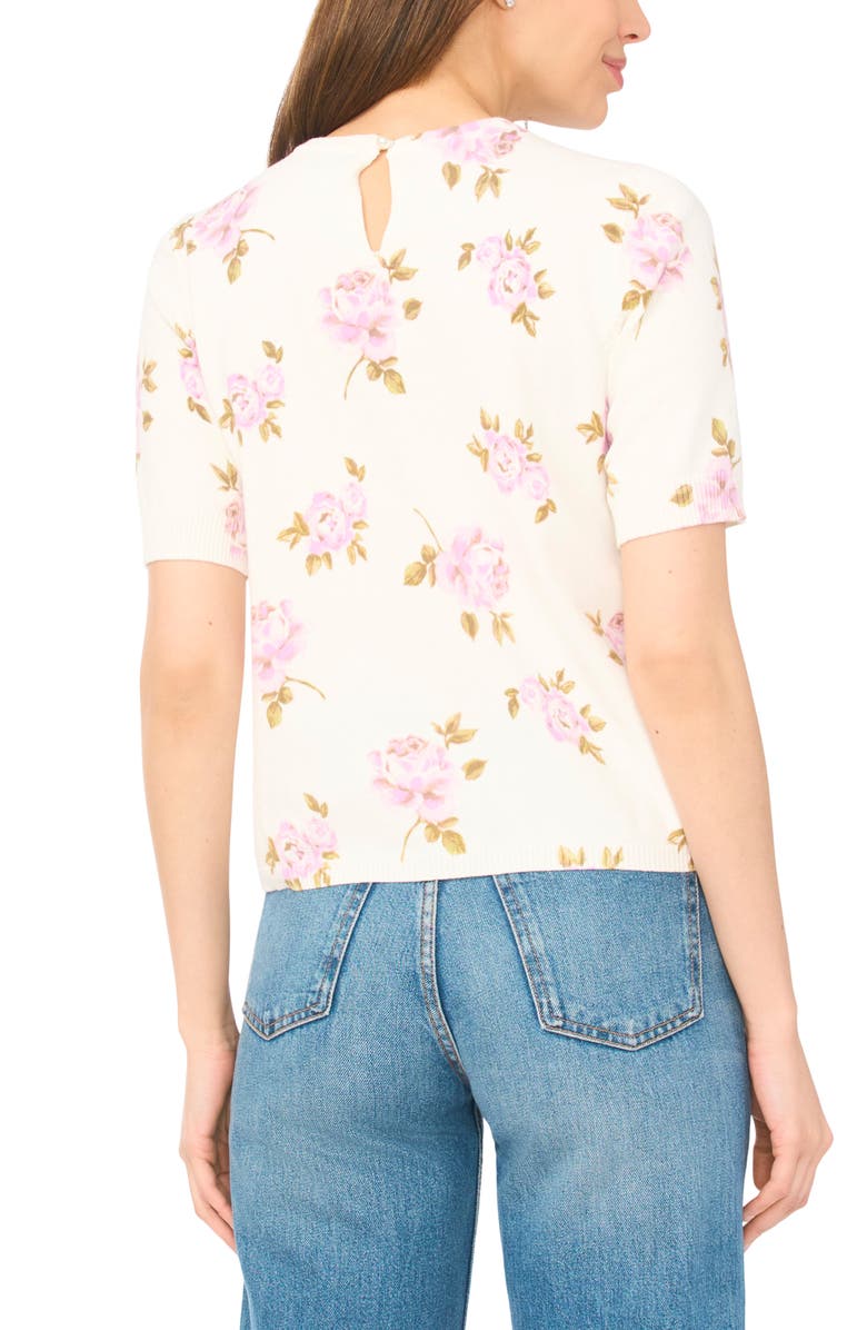 CeCe Floral Print Short Sleeve Sweater, Alternate, color, New Ivory