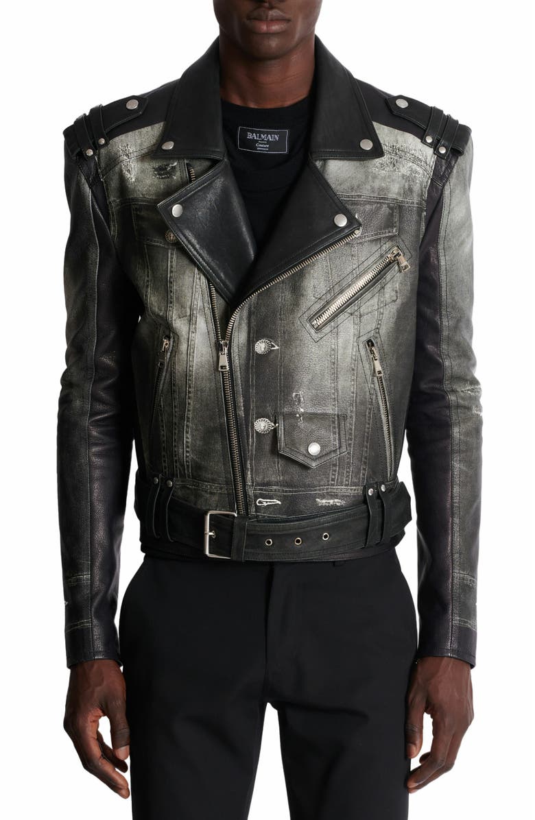 Balmain Leather Biker Jacket With Denim Print, Alternate, color, 