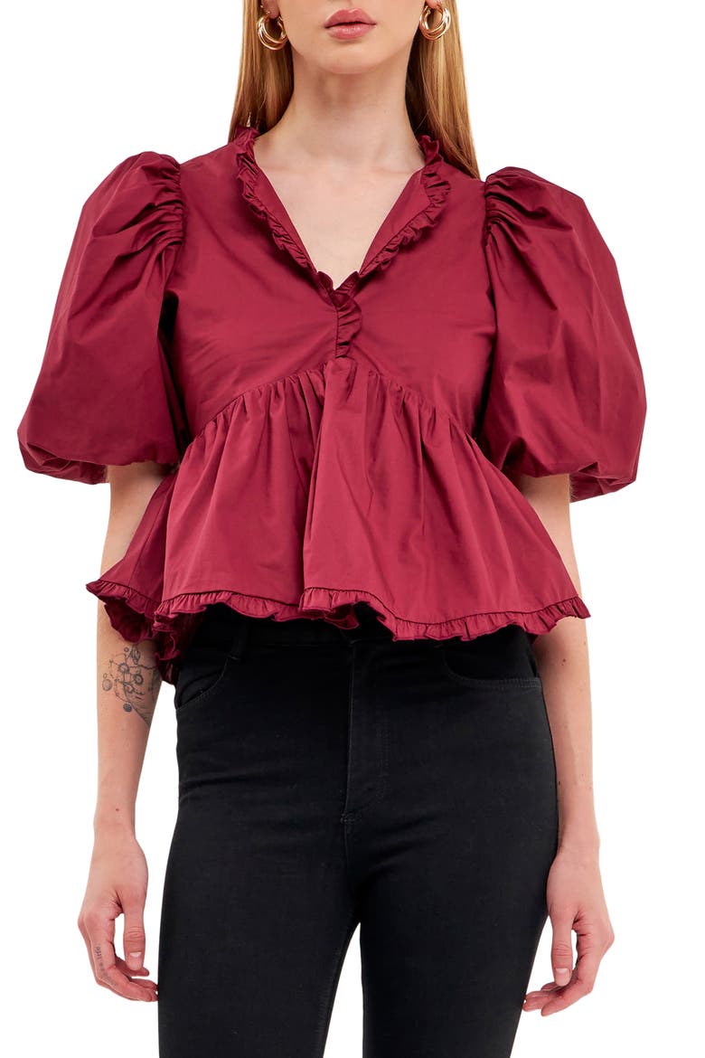 Ruffle Trim Puff Sleeve Peplum Cotton Top, Main, color, BURGUNDY