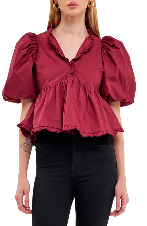 Ruffle Trim Puff Sleeve Peplum Cotton Top