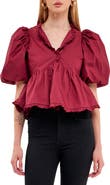 Endless Rose Ruffle Trim Puff Sleeve Peplum Cotton Top