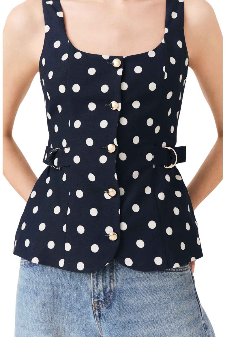 Long linen blend vest, Alternate, color, Navy dots print