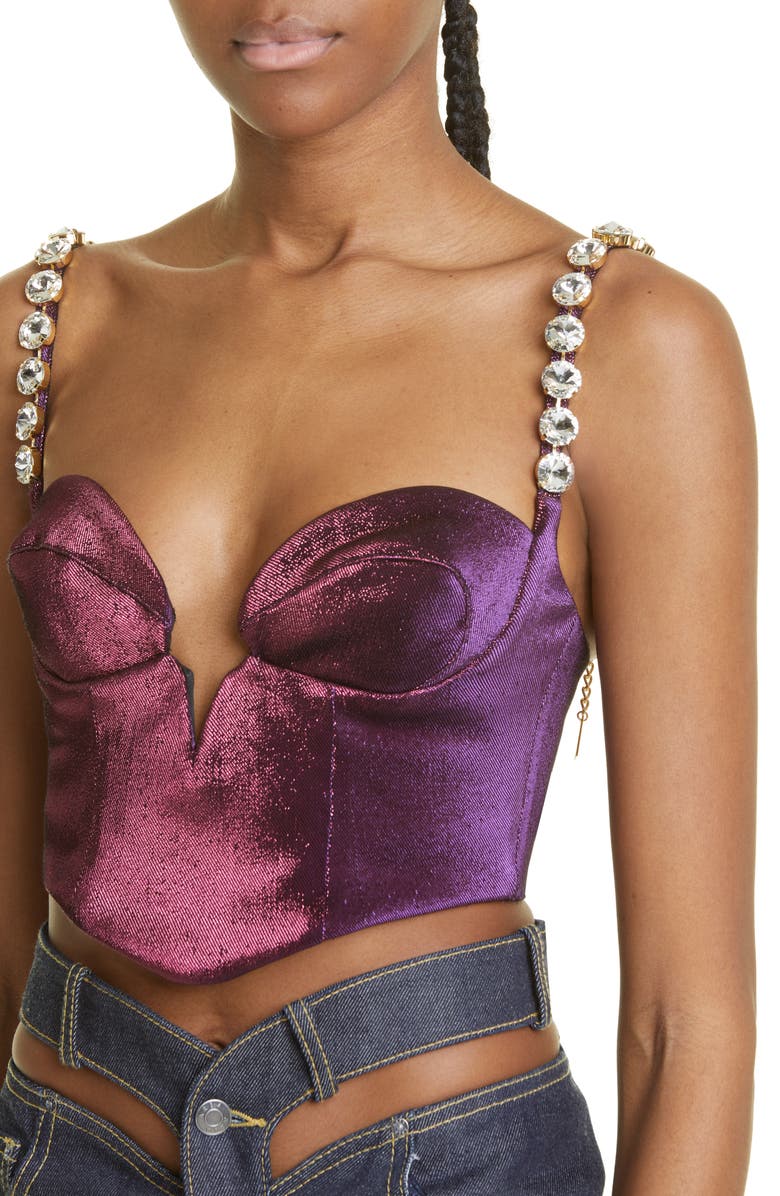 Area Crystal Strap Stretch Lamé Bustier Top, Alternate, color,