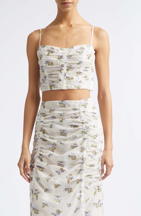 Sylvette Floral Ruched Silk Organza Crop Top