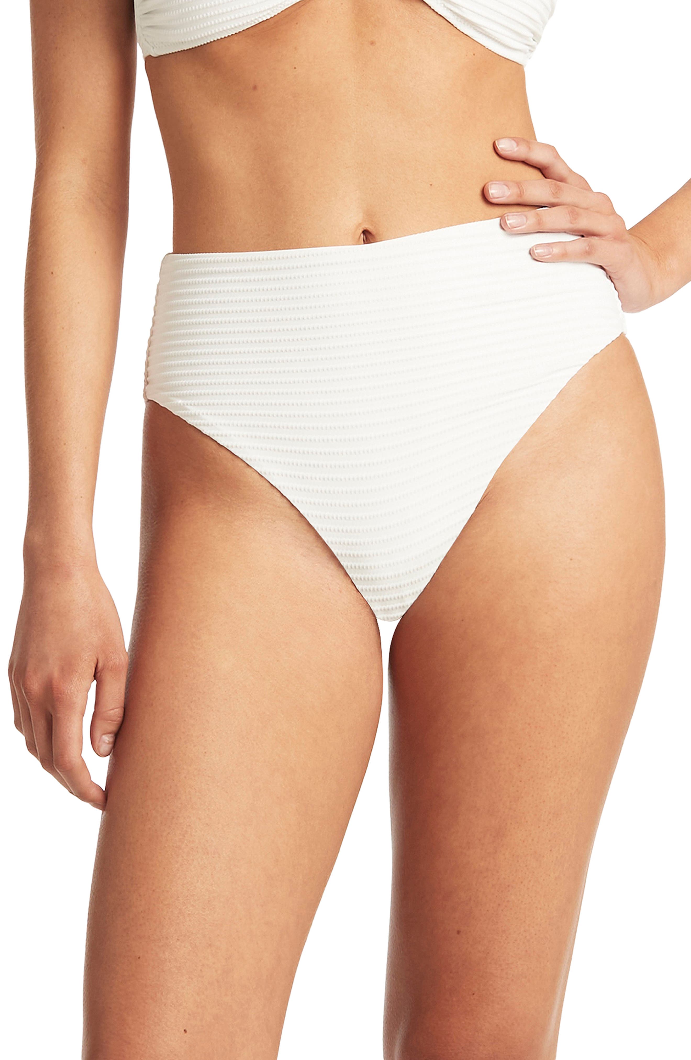 Sea Level Retro High Waist Bikini Bottoms in White 